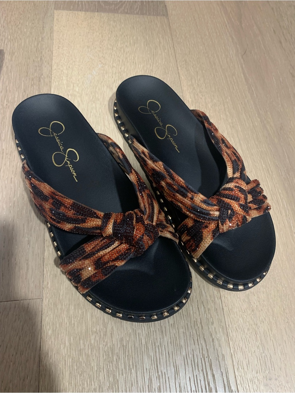 Jessica Simpson Leopard Print Knotted Slide Sandals in Black and Brown Crystal